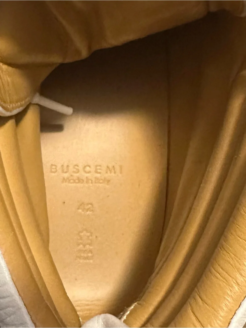Buscemi 140mm White High-Top Leather Sneakers with Tan Lining Size 9/42